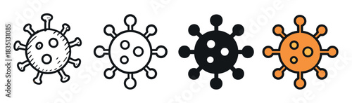 Four virus cell icons in a collection of different styles including hand-drawn sketch, simple line art, solid silhouette, and color fill for medical concepts