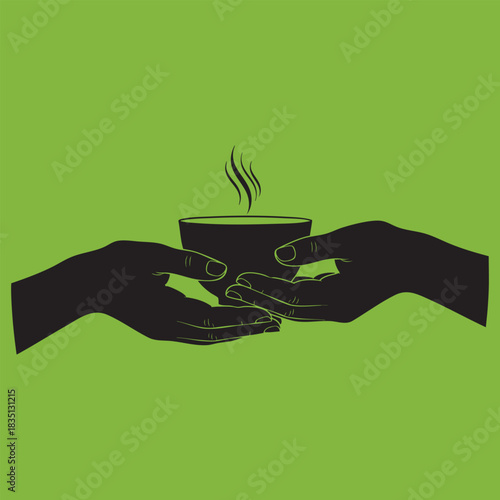 Steaming Coffee or Tea Cups with Heart and Swirl Designs