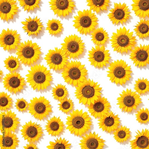 A bright array of sunflowers scattered across a white surface creating a vibrant and cheerful pattern