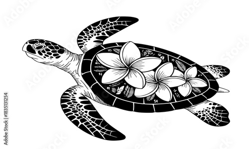 Intricate Engraving Style Sea Turtle Clipart with Plumeria Flowers for Tattoo, Apparel, and Tropical Design
