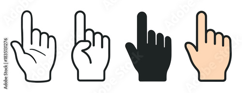 Hand pointer cursor icon set showing a pointing index finger gesture in four different graphic styles including detailed line art, simple outline, black silhouette, and color illustration
