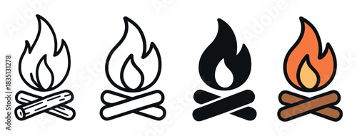 Set of four campfire icons showing different styles including detailed line art, a simple outline, a solid black silhouette, and a full color version for user interface design