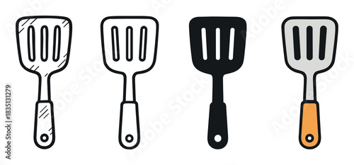 Four kitchen spatula icons in different styles including doodle, outline, silhouette, and color, showing a collection of cooking utensil graphics for culinary design elements