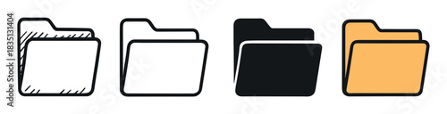 Set of four folder icons in different graphic styles including doodle, outline, solid glyph, and color for user interface design, data storage, and document organization