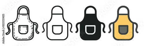 Set of four kitchen apron icons shown in multiple graphic styles, including a hand-drawn sketch, a simple outline, a solid black silhouette, and a yellow colored flat design