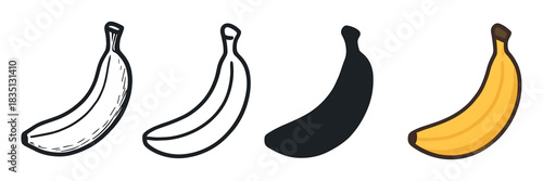Set of four banana illustrations showcasing different graphic styles including a detailed sketch, a simple outline, a black silhouette, and a full-color cartoon drawing
