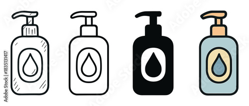 Set of four liquid soap dispenser icons in various styles including doodle, outline, silhouette, and colored versions for hygiene and cleanliness concepts