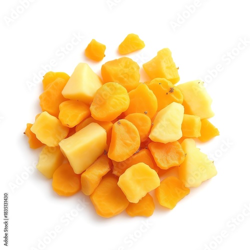 A pile of diced yellow and orange potatoes on a white surface in a studio setting overhead shot