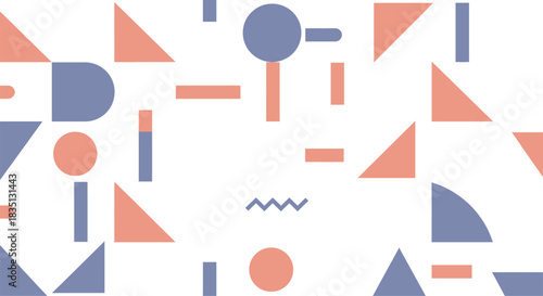 Abstract geometric pattern with pastel orange and blue shapes including triangles circles rectangles and lines on a white background
