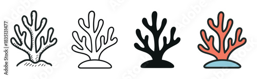 Set of four coral icons showing different artistic styles including a detailed doodle, a simple line art outline, a solid black silhouette, and a colorful flat design illustration