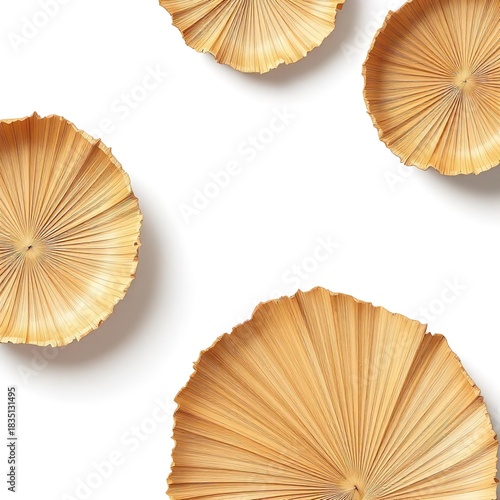 A minimalist composition featuring four circular fan like objects on a white background space evenly placed