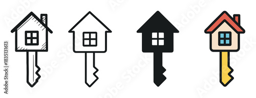 House key icon set with four variations including a hand-drawn sketch, simple line art, a solid black silhouette, and a colorful flat design for real estate concepts