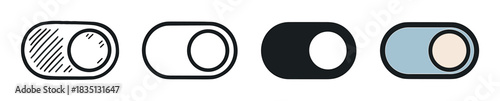 Set of four toggle switch icons for user interface design, featuring various styles including doodle, line art, solid fill, and color for application and website controls