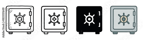 Safe box icon collection featuring four different styles such as hand-drawn doodle, simple outline, solid silhouette, and colored flat vector illustration for security concepts