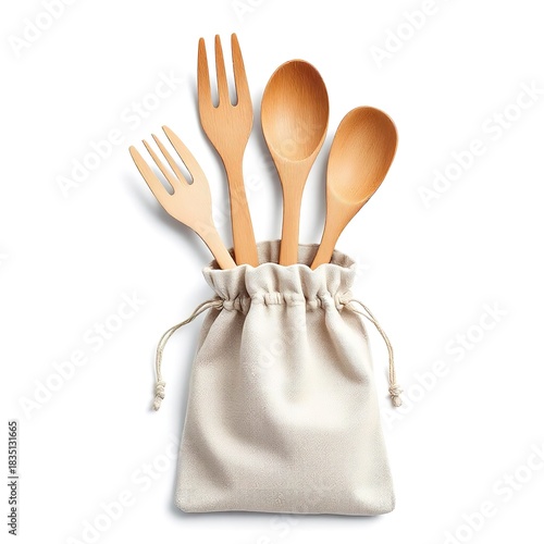Wooden forks and spoons inside a beige drawstring bag on a white surface in a top down view