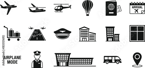 Air Travel and Transportation Vector Icon Set: Modern Aviation, Airport, Passenger, Flight, Luggage, Building, Helicopter, Hot Air Balloon, Pilot, and Destination Concepts