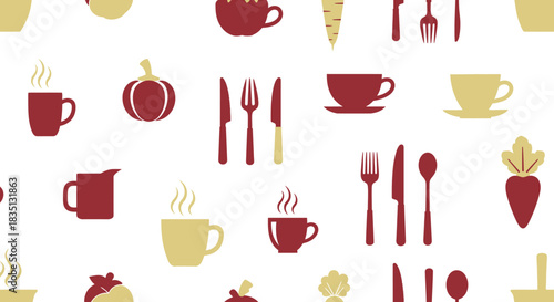 Seamless pattern of stylized red and yellow kitchenware and vegetables like cups mugs pitchers carrots and pumpkins on a white background