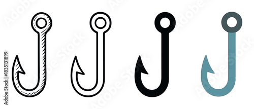 Set of four fishing hook icons in different graphic styles including sketch, outline, silhouette, and flat color for tackle and angling concepts