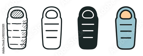 Set of four sleeping bag icons for camping and hiking, featuring different graphic styles like a doodle sketch, simple line art, a solid silhouette, and a flat color illustration