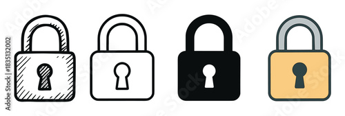 Set of four padlock icons in different graphic styles, including a hand-drawn doodle, a minimal outline, a solid black silhouette, and a simple flat color version