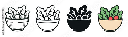 Salad bowl icon set with four different styles including hand-drawn sketch, line art, solid glyph, and colorful cartoon versions for healthy food concepts