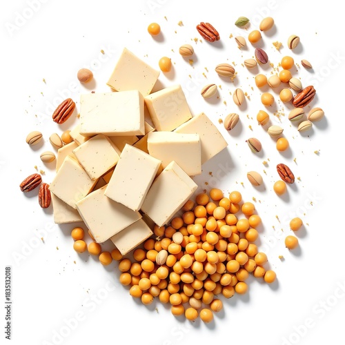 Overhead shot of tofu cubes soybeans pistachios and pecans scattered on a white surface top view