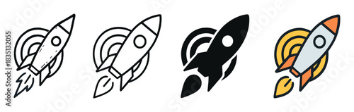 Set of four rocket ship icons in doodle, line art, silhouette, and colored styles representing a business startup, launch, and technological progress