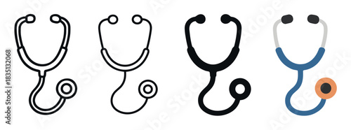Set of four stethoscope icons showing different graphic styles, including thin line art, a bold silhouette, and a flat color vector illustration for medical concepts