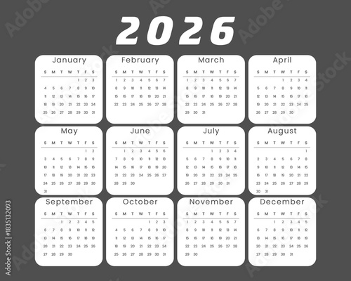 Full annual calendar template for the year 2026 in a sleek, minimalist style featuring all twelve months in a clean black and white design with rounded monthly modules.