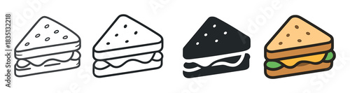 Set of four triangular sandwich icons in different graphic styles including simple outline, bold line art, solid black glyph, and a full color cartoon illustration