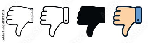 Set of four thumbs down hand gesture icons in various graphic styles including sketch, outline, silhouette, and color, representing disapproval, dislike, and negative feedback