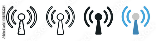 Collection of four radio antenna icons for broadcasting and connectivity, shown in multiple graphic design variations such as sketch, outline, solid, and color
