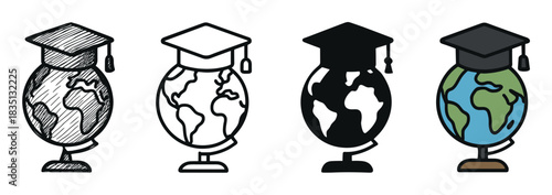 Four globe and graduation cap icons in different artistic styles, including sketch, line art, silhouette, and color, representing global education and international studies