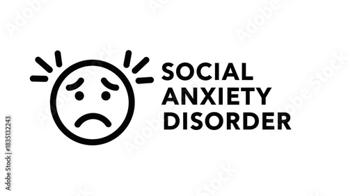 Social Anxiety Disorder icon. A black-and-white line illustration of an anxious, nervous, or sad face emoji surrounded by stress symbols.