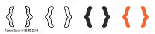 Collection of curly brace icon sets in various graphic styles, including hand-drawn sketch, simple outline, and bold solid fill in black and orange for coding and design
