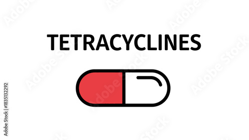 Tetracycline Antibiotic Capsule Icon. A simple illustration of a two-color (red and white) drug capsule representing the tetracycline class of antibiotics.