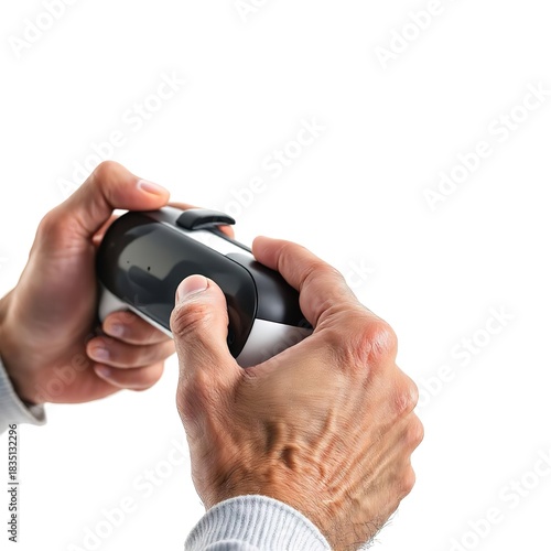 A person holding a black and white computer mouse with both hands against a white background shot up close