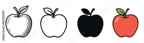 Set of four apple fruit icons showing different artistic styles including a hand-drawn sketch, a simple outline, a black silhouette, and a red flat color cartoon illustration