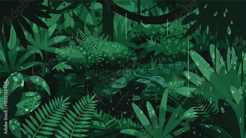A mysterious and dark jungle scene with dense foliage and rain falling on a hidden pond