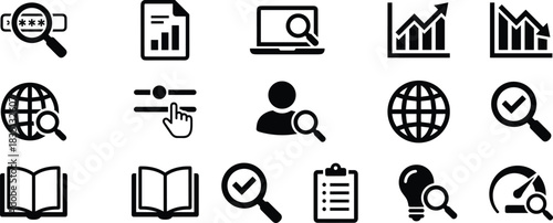 Data Analysis, Business, and Search Icon Set for Analytics, Research, SEO, Investigation, Web Development, Global Monitoring, User Management, Learning, Optimization, and Problem 