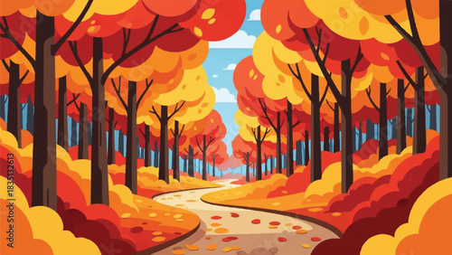 Autumnal Forest Road Illustration with Vibrant Colors and Scenic Landscape, Colorful Autumn Leaves