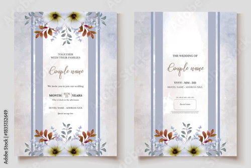 WEDDING INVITATION FRAME WITH FLOWER DECORATIONS AND FRESH LEAVES