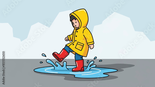 A cheerful child in a vibrant yellow raincoat and red boots joyfully splashes in a puddle after the rain, capturing a happy moment of childhood