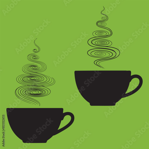 Vector Silhouette of Hot Coffee or Tea Cups on a Green Background