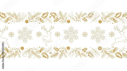 Elegant Christmas Seamless Border with Snowflakes and Reindeer, Golden Festive Pattern