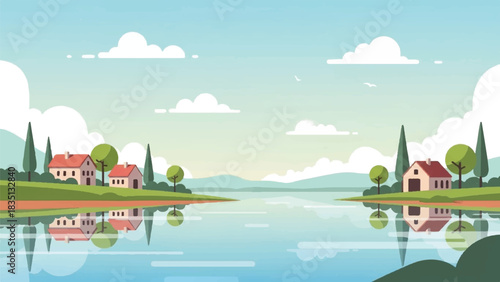 Beautiful summer landscape with a village on the lake shore and reflections in the water