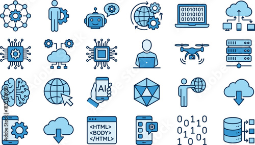 Digital technology icons set: Artificial Intelligence, cloud computing, data science, networking, machine learning, deep learning, web development, big data, cybersecurity, and future IT innovations.