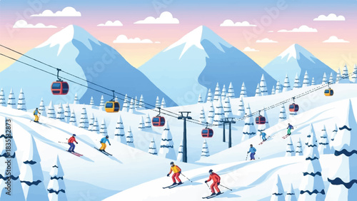 Ski resort scene with skiers and cable cars on snow-covered mountains and pine trees