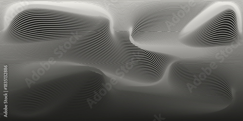 2026 color. 3D Cloud Dancer swirl wave lines pattern flowing dynamic gradient light on black background. Motion effect concept of technology digital science music 90s style. Vector EPS 10