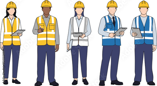 Diverse team of construction workers, safety inspectors, engineers, architects, and project managers wearing hard hats and high-visibility vests on a construction site,